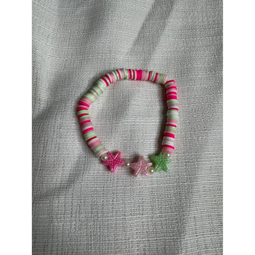 Pink Green Heishi Bead Stretch Bracelet with Glitter Starfish Charms